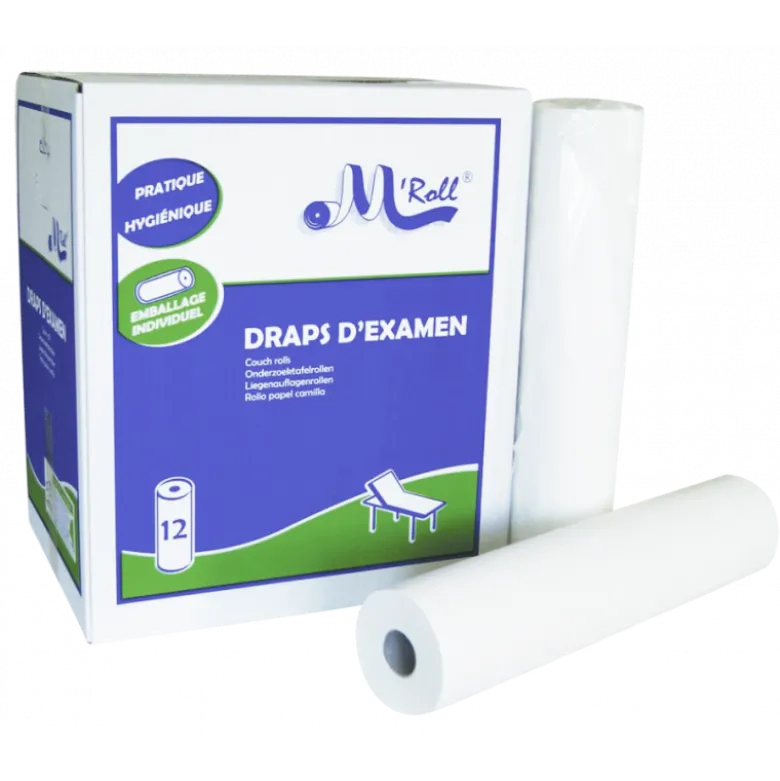 Draps d'examen ouate lisse M'Roll Prédécoupe longue (12 rouleaux)