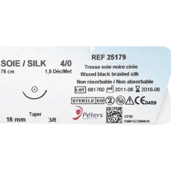 Fil de suture ligature Peters en soie cirée noire - 45 cm (lot de 12)
