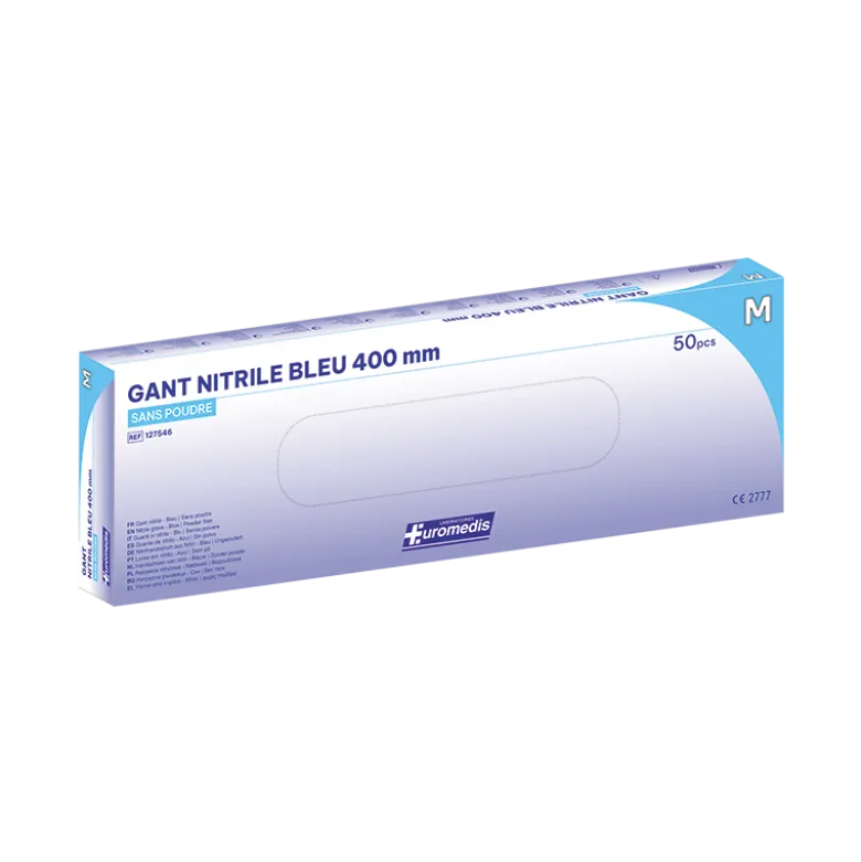 Gants d'examen nitrile Euromedis Resiskin bleu non poudré non stérile - manchette extra longue (boîte de 50)
