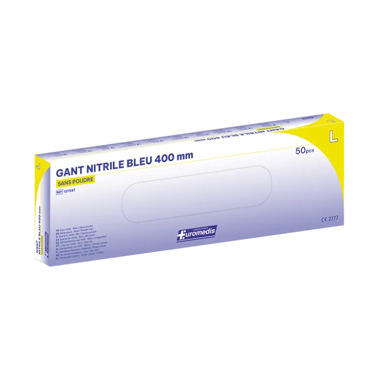 Gants d'examen nitrile Euromedis Resiskin bleu non poudré non stérile - manchette extra longue (boîte de 50)
