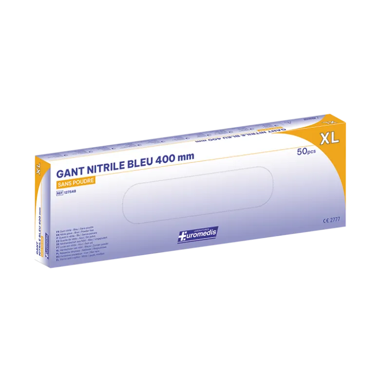 Gants d'examen nitrile Euromedis Resiskin bleu non poudré non stérile - manchette extra longue (boîte de 50)