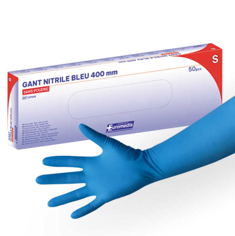 Gants d'examen nitrile Euromedis Resiskin bleu non poudré non stérile - manchette extra longue (boîte de 50)