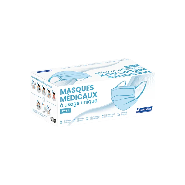 Masques de protection bleus foncés type II, modèle adulte (boîte de 50)