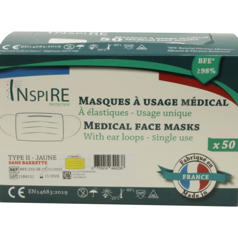 Masques de protection jaunes type II spécial IRM, modèle adulte (boite de 50)