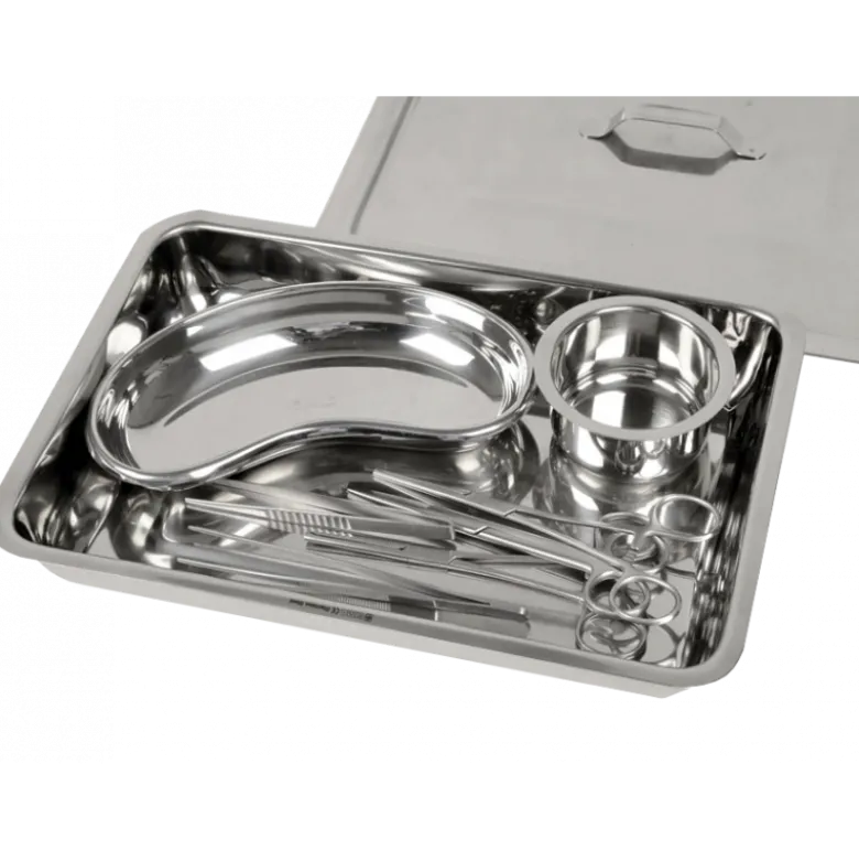 Set de 8 instruments pour pansement avec boite inox et récipients