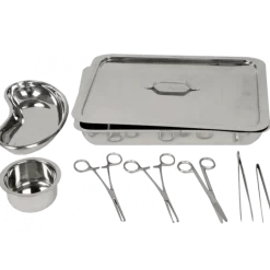 Set de 8 instruments pour pansement avec boite inox et récipients