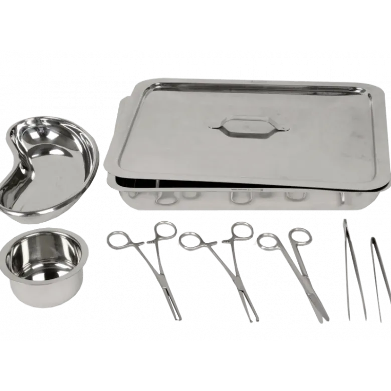 Set de 8 instruments pour pansement avec boite inox et récipients